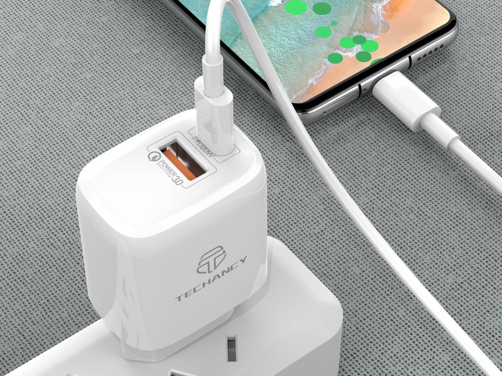 Techancy Carregador Branco 20w TA2802 Com Suporte Pd E Qc3.0 Com Cabo Usb-C Branco De 1m Para Usb-C