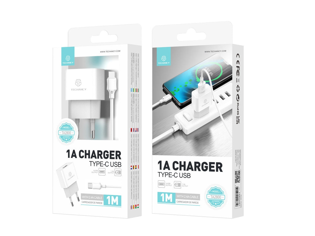 Techancy Carregador Usb Para Telemóvel Branco TA2776, Carregamento Estável 5v-1a Com Conjunto De Cabos Usb-Tipo-c 1m
