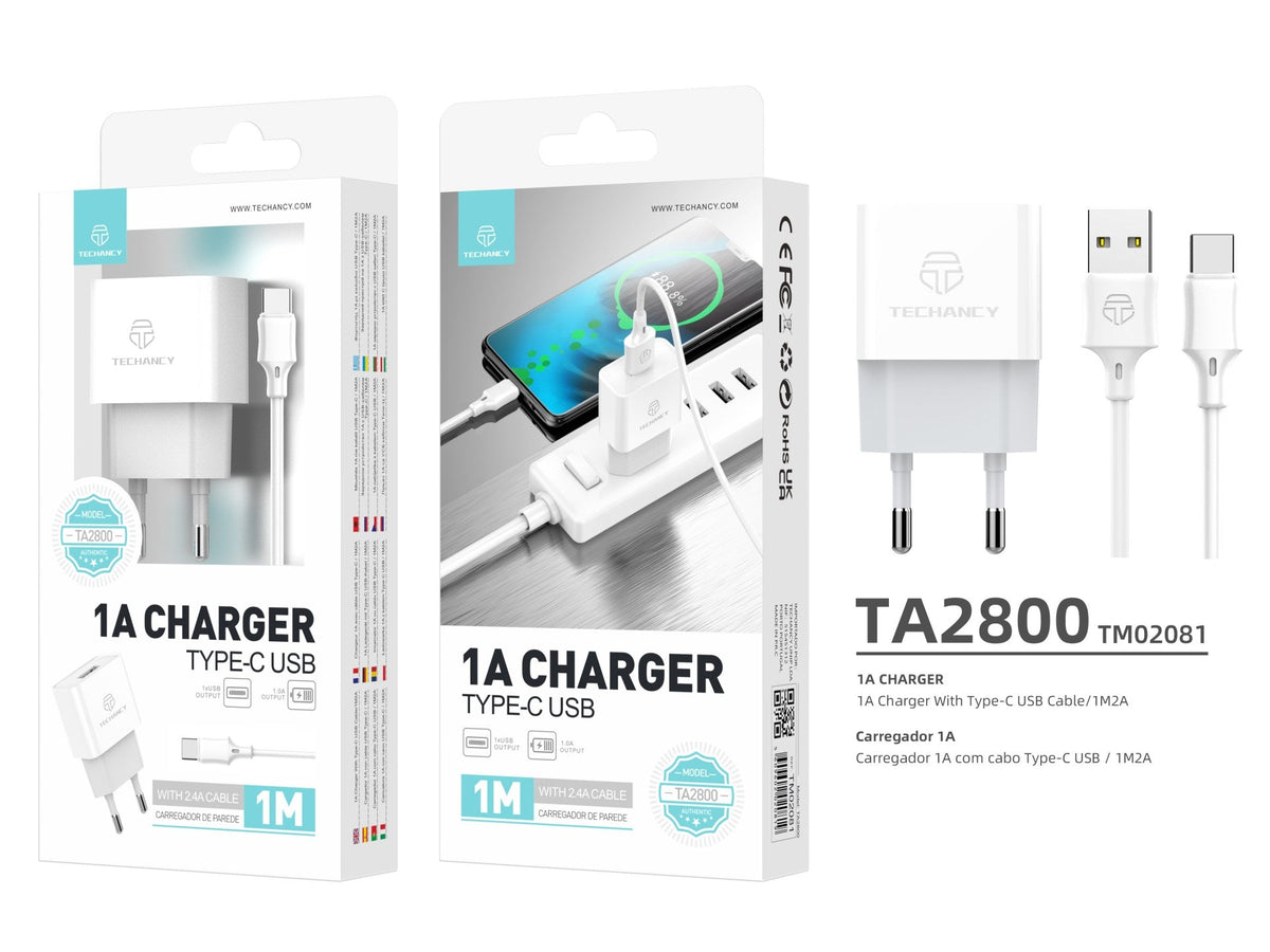 Techancy Carregador Usb Para Telemóvel Branco TA2776, Carregamento Estável 5v-1a Com Conjunto De Cabos Usb-Tipo-c 1m