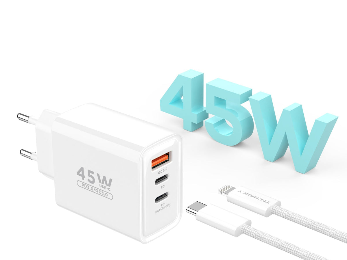Techancy Carregador USB-A+USB-C+USB-C TA2822, 45W PD, com Cabo USB-C para Lightning de 1m, CompatIvel com iPhone 7/8/XS/11-14