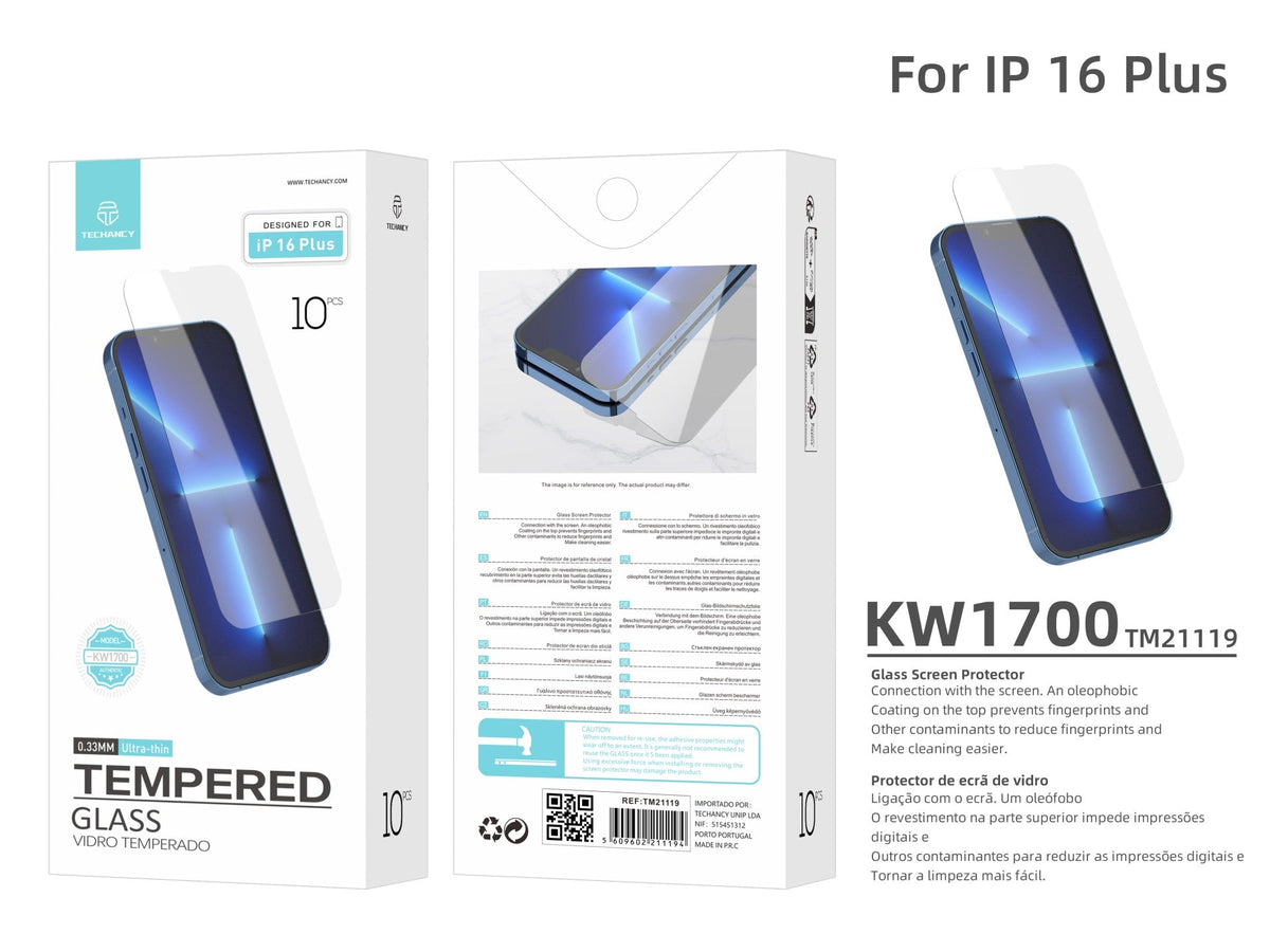 Techancy Película de Vidro Temperado  para iPhone 16 Plus KW1700 , 0.33MM, Anti-riscos, Alta Transparência, Fácil Aplicação