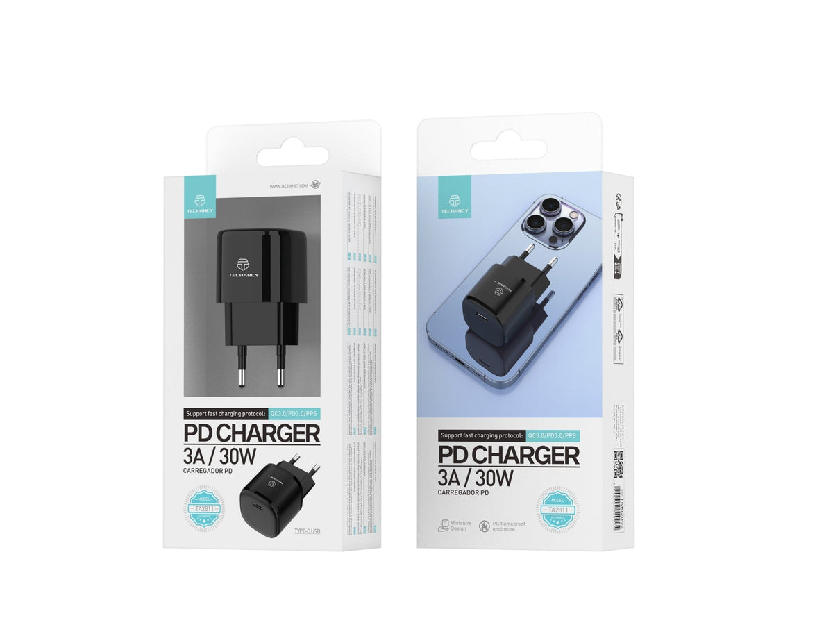 Techancy Carregador Pd 30w Usb C Preto  TA2811, Cabo De Carregamento Rápido Adapt Pd, Compatível Com Android/Apple.