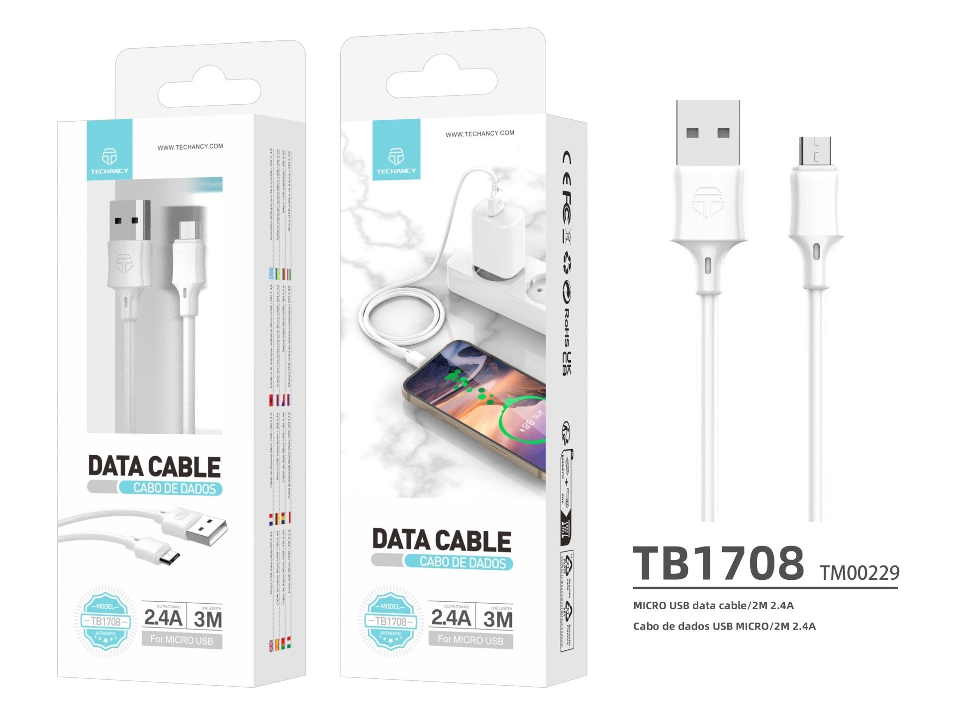 Techancy Cabo De Carregamento 3m Usb-Micro Branco TB1708, Carregamento Rápido De 2,4 A, Carregamento De Longo Alcance 3m