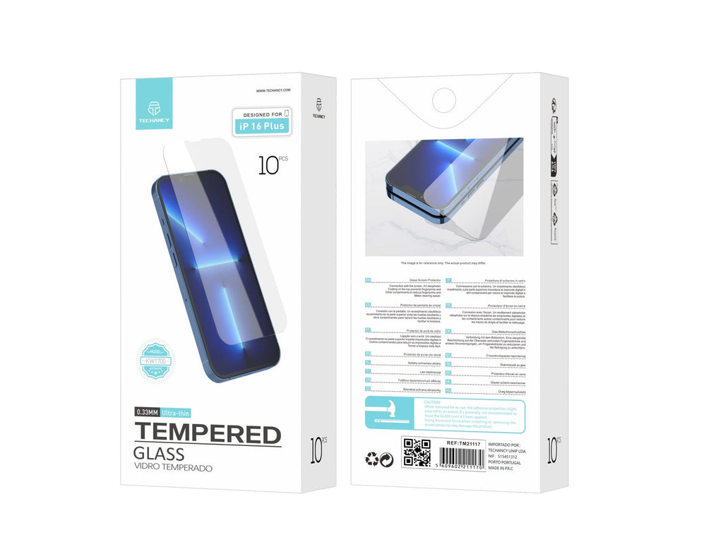 Techancy Película de Vidro Temperado  para iPhone 16 Plus KW1700 , 0.33MM, Anti-riscos, Alta Transparência, Fácil Aplicação
