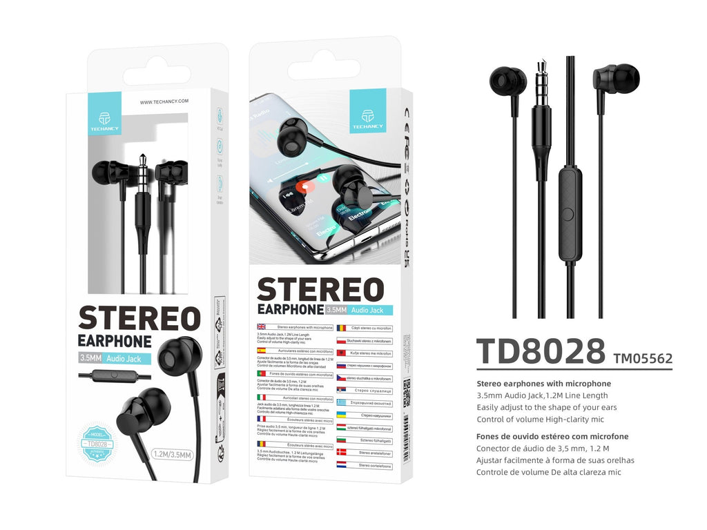 Techancy Auscultadores Intra-Auriculares Brancos 1,2 M TD8028, Com Controlo De Volume Do Microfone, Conetor De 3,5 Mm