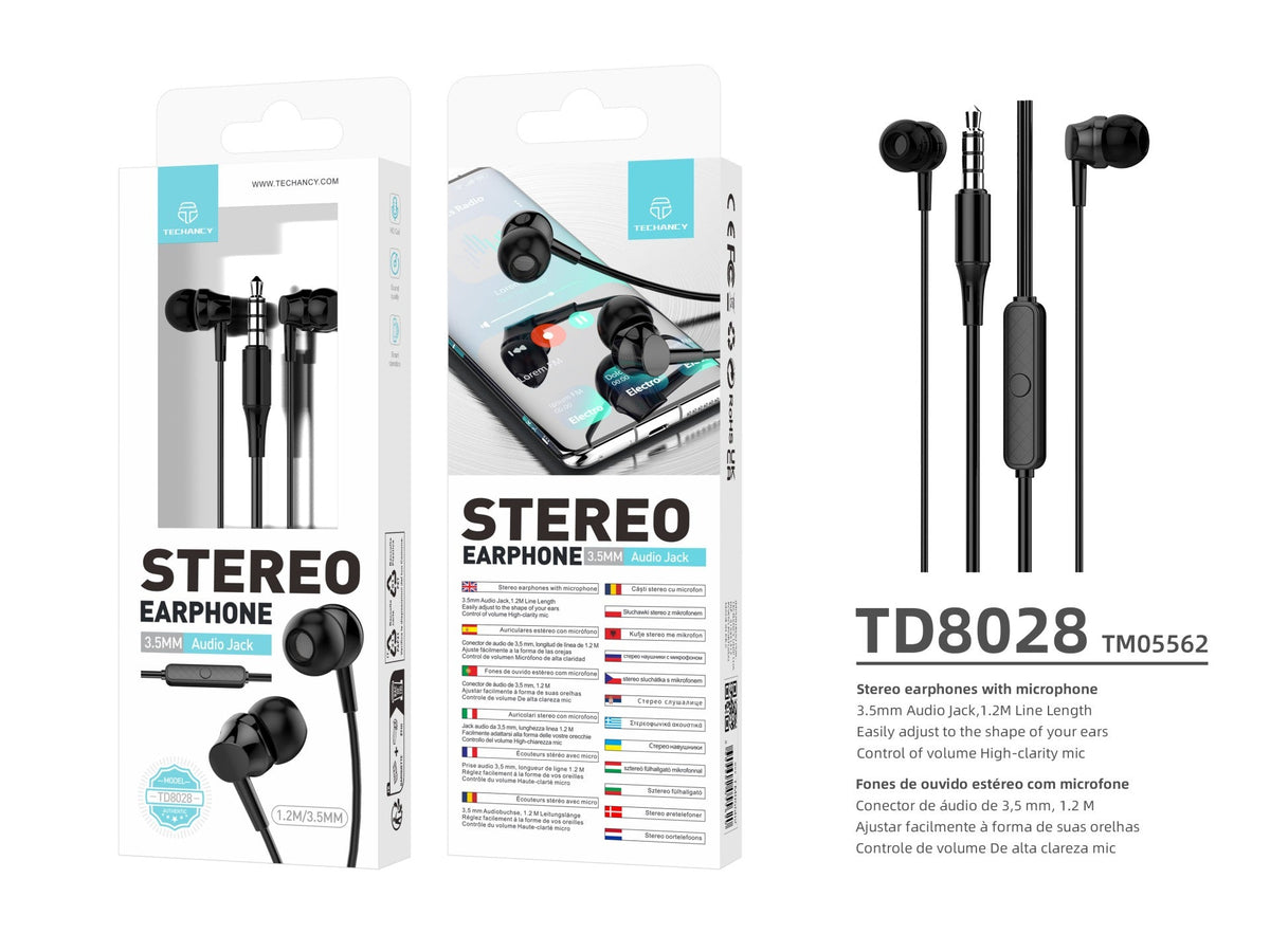Techancy Auscultadores Intra-Auriculares Brancos 1,2 M TD8028, Com Controlo De Volume Do Microfone, Conetor De 3,5 Mm