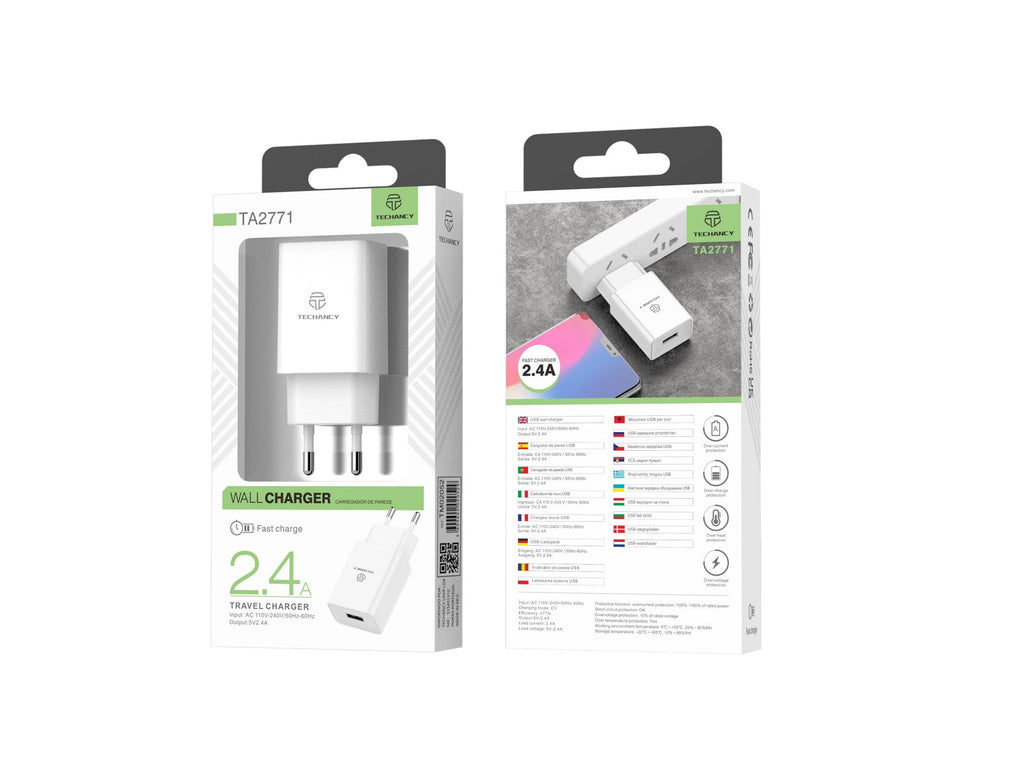 Techancy Carregador De Telemóvel Branco  TA2771, Saída Usb 5v-2.4a, Compatível Com Samsung, Huawei, Apple, Etc.