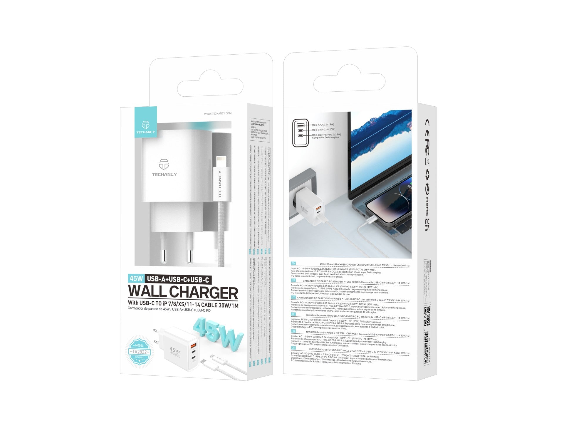 Techancy Carregador USB-A+USB-C+USB-C TA2822, 45W PD, com Cabo USB-C para Lightning de 1m, CompatIvel com iPhone 7/8/XS/11-14