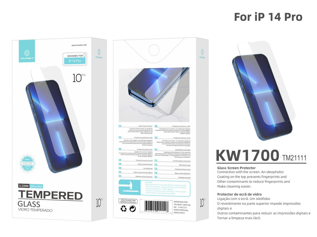 Techancy Película de Vidro Temperado  para iPhone 14 Pro KW1700 , 0.33MM, Anti-riscos, Alta Transparência, Fácil Aplicação