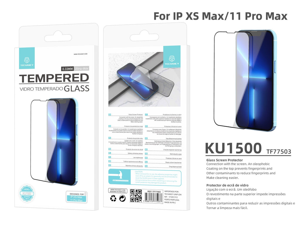 Protetor de ecrã premium para smartphone Techancy, KU1500, vidro temperado de 0,33, compatível com iPhone Xs Max/11 Pro Max