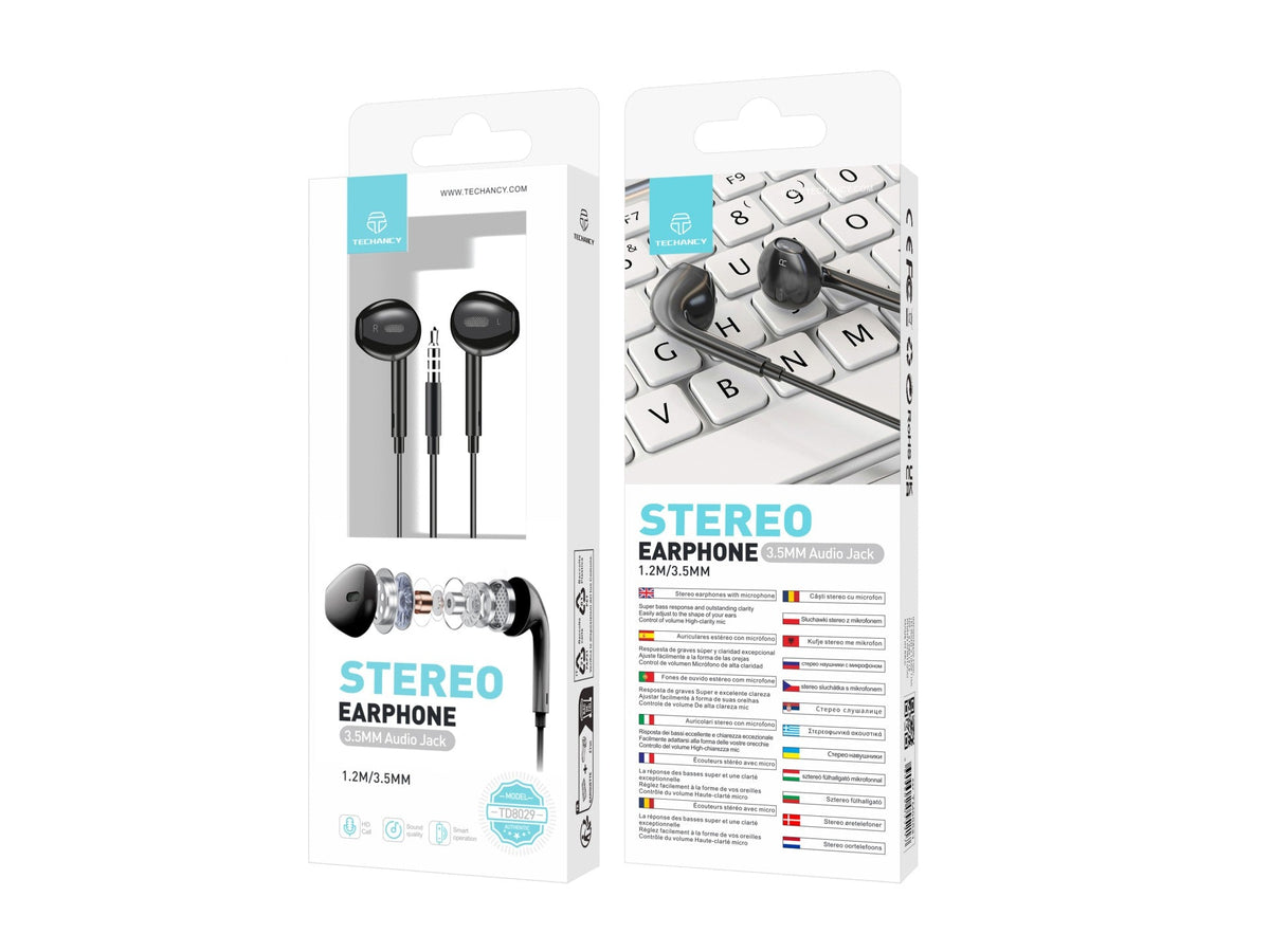 Techancy Auscultadores Intra-Auriculares Pretos 1,2 M TD8029, Com Controlo De Volume Do Microfone, Conetor De 3,5 Mm
