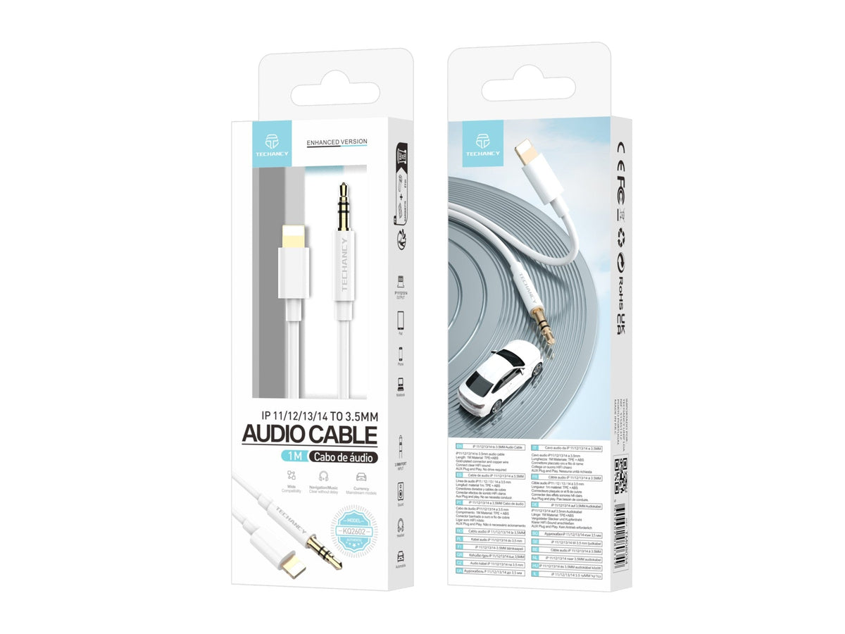 Techancy Cabo Áudio Aux Automotive  KQ2602, Iph8/X/11-14 Para 3,5 Mm, 1 Metro, Qualidade De Som Hifi,Branco