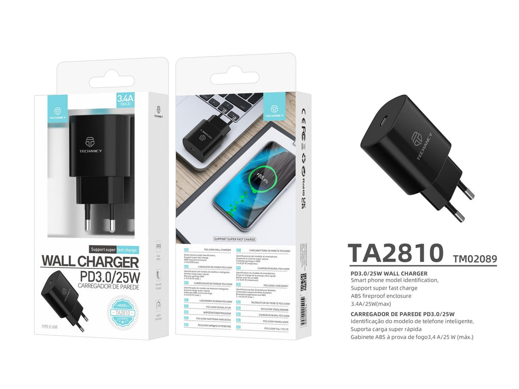 Techancy Carregador Pd3.0 De 25 W TA2810, Carregamento Rápido De 3,4 A, Chip Inteligente Incorporado, Preto
