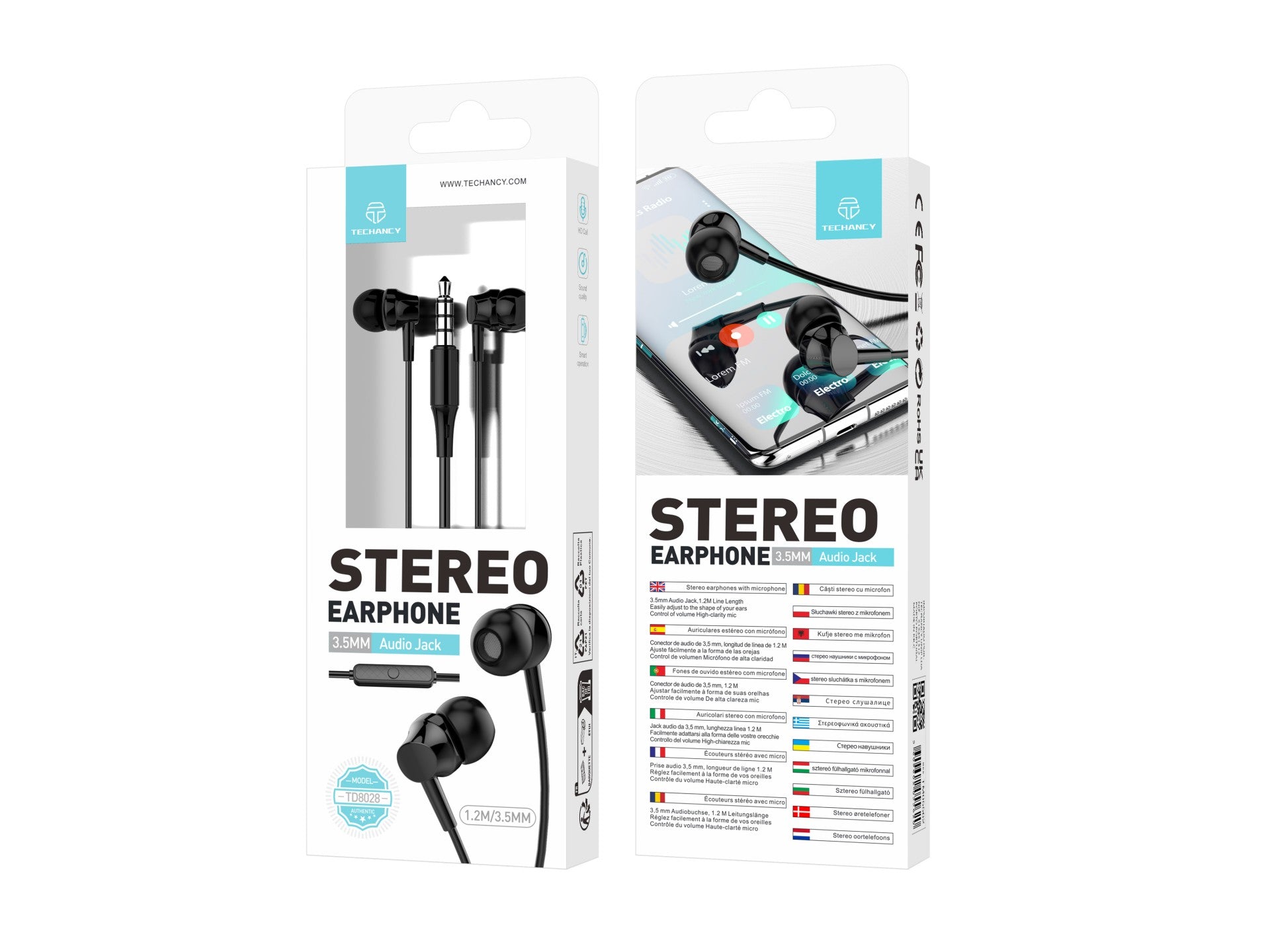 Techancy Auscultadores Intra-Auriculares Brancos 1,2 M TD8028, Com Controlo De Volume Do Microfone, Conetor De 3,5 Mm