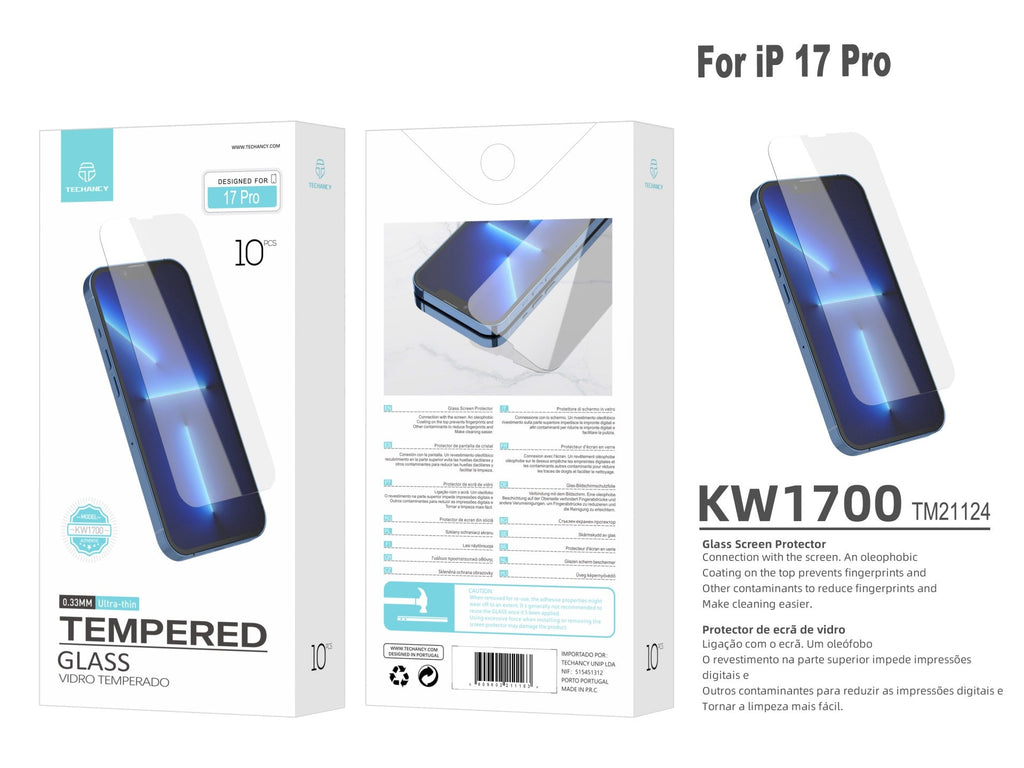 Techancy Pelicula de Vidro Temperado para iPhone 17 Pro KW1700, 0.33MM Ultra Fino, Anti Impressao Digital, Anti Riscos, Transparente HD
