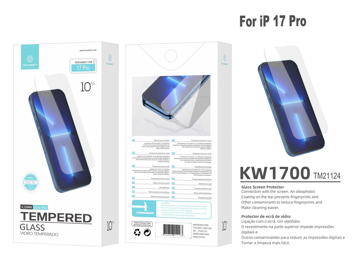 Techancy Pelicula de Vidro Temperado para iPhone 17 Pro KW1700, 0.33MM Ultra Fino, Anti Impressao Digital, Anti Riscos, Transparente HD