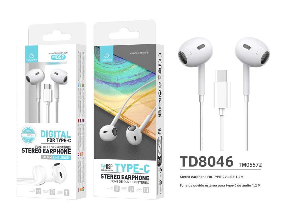 Techancy Auricular Estéreo Tipo C Branco  TD8046, Com Microfone, Controlo Do Volume De Chamadas, Plug And Play