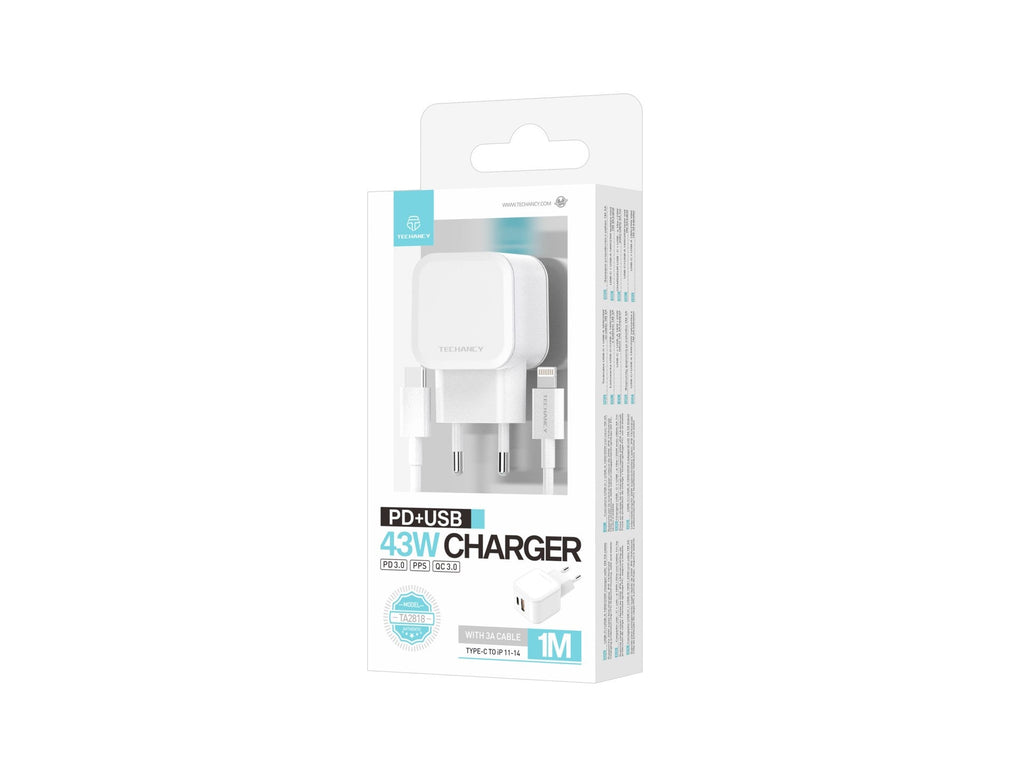 Techancy Carregador Rápido 43W Branco TA2813, Porta Dupla Pd+Usb, Conjunto De Cabos Usb C Para Lightning 1m/30w