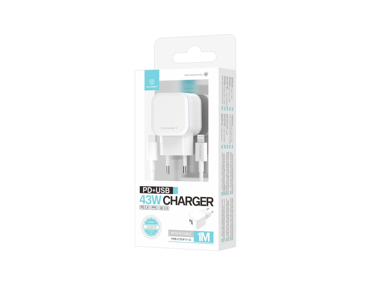 Techancy Carregador Rápido 43W Branco TA2813, Porta Dupla Pd+Usb, Conjunto De Cabos Usb C Para Lightning 1m/30w