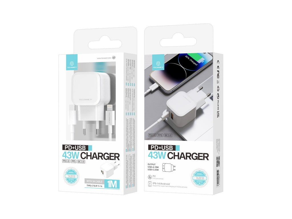 Techancy Carregador Rápido 43W Branco TA2813, Porta Dupla Pd+Usb, Conjunto De Cabos Usb C Para Lightning 1m/30w