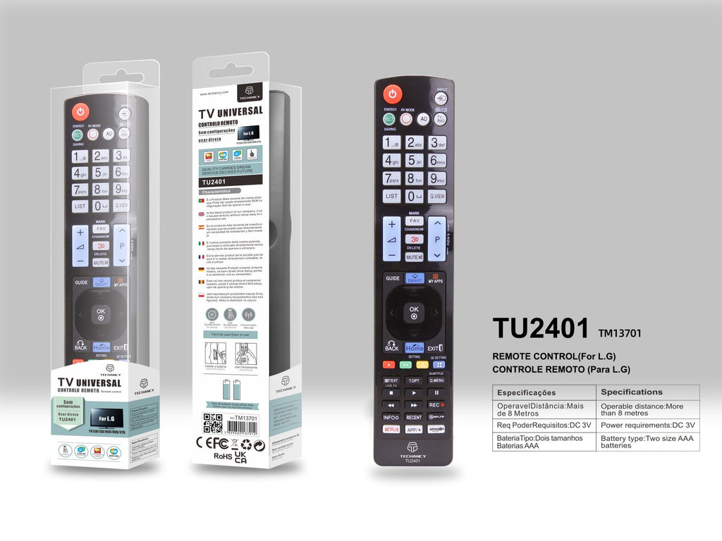 Techancy Controlo Remoto Do Televisor  TU2401, Alcance Sem Fios De 8m, Compatível Com Televisores Lg, Ligação Auto-Adaptável