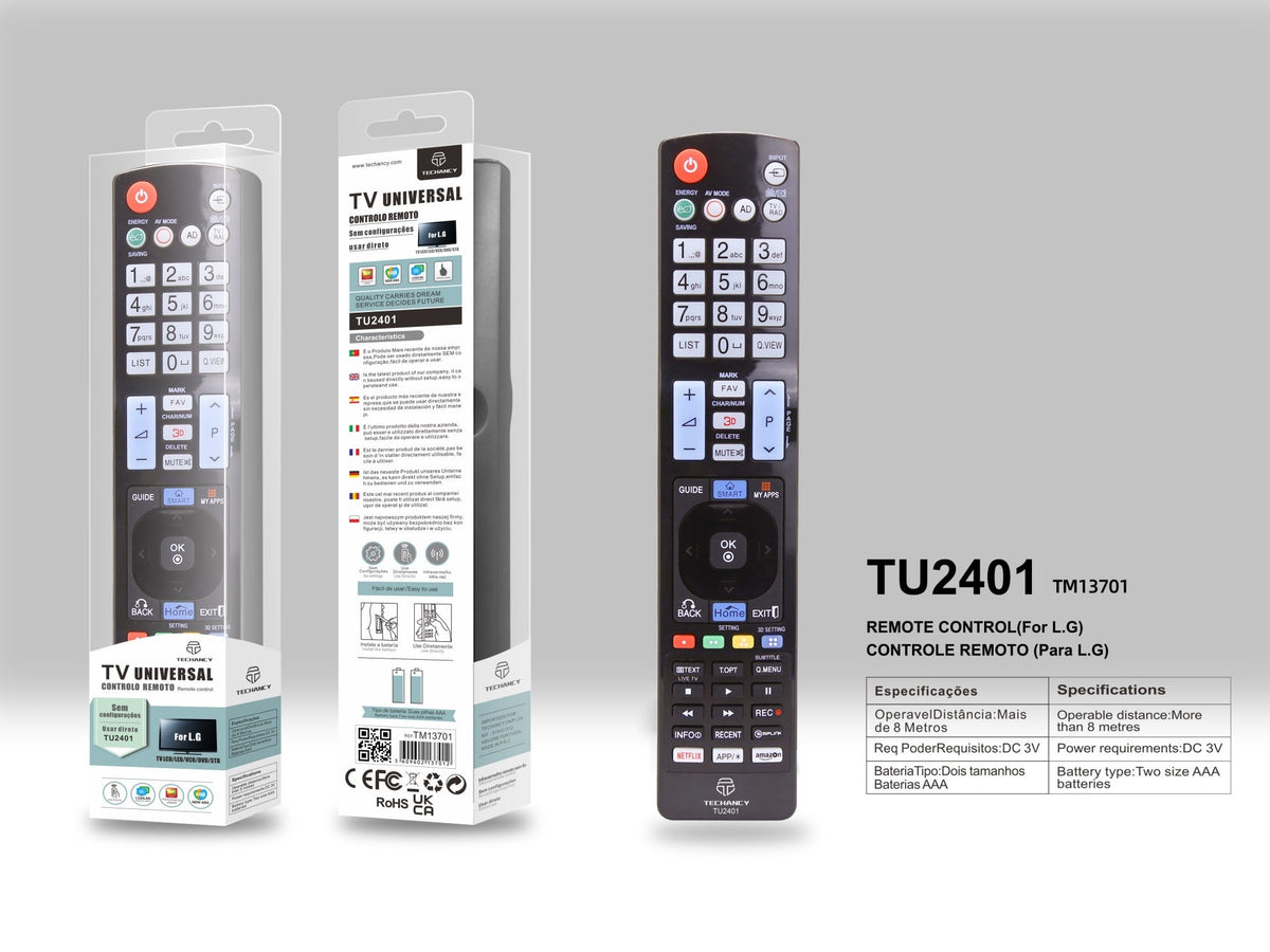 Techancy Controlo Remoto Do Televisor  TU2401, Alcance Sem Fios De 8m, Compatível Com Televisores Lg, Ligação Auto-Adaptável