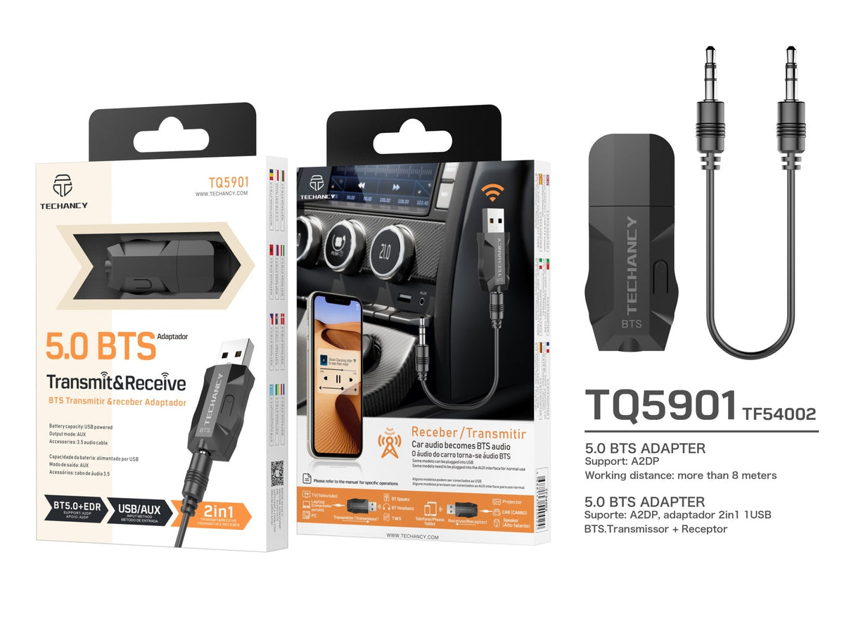 Adaptador Bluetooth sem fios 2 em 1 Techancy, TQ5901, suporta transmissão e receção de áudio Bluetooth, preto