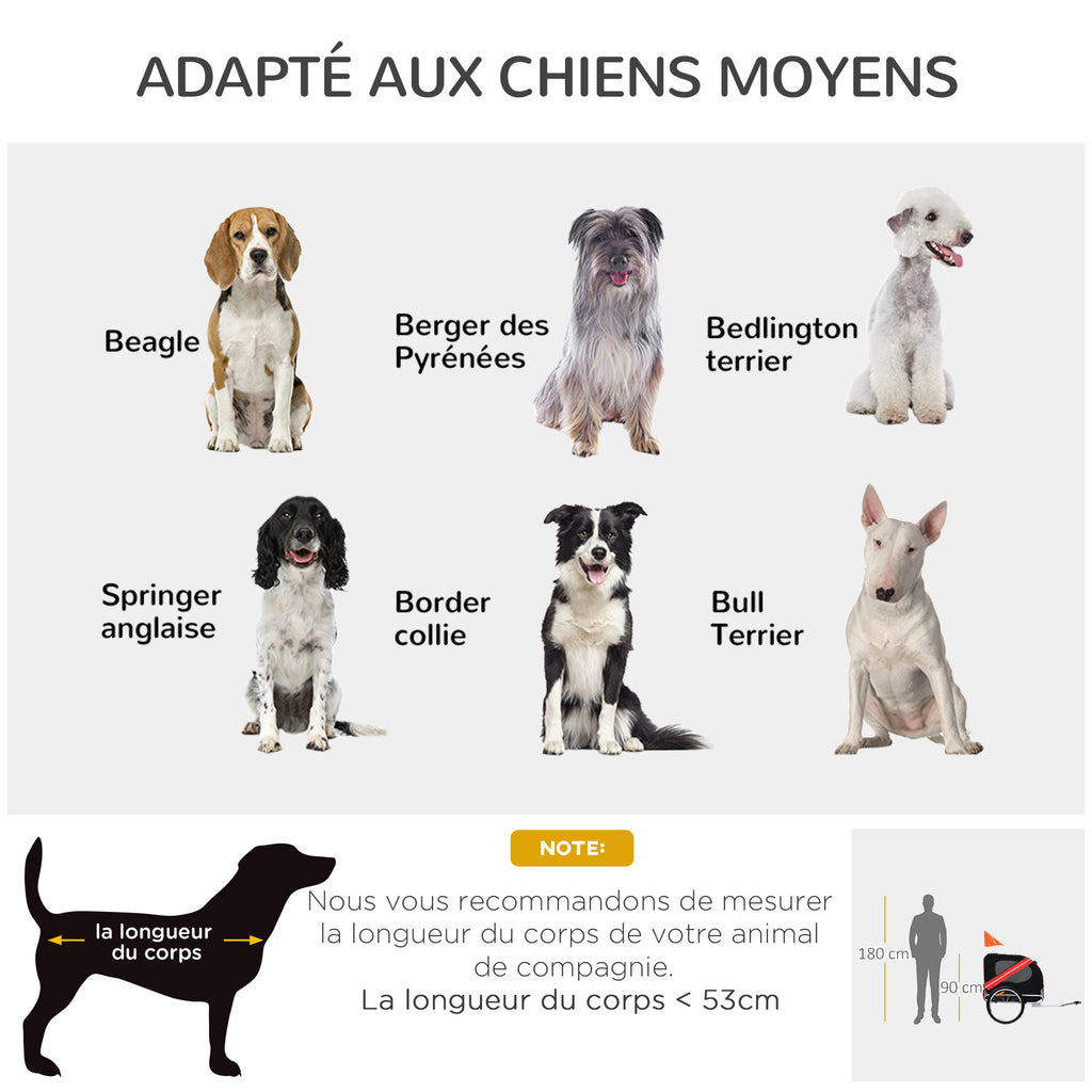 Remorque vélo pour Chien Animaux 8 réflecteurs Drapeau Barre attelage Inclus Acier Polyester imperméable Max. 30 Kg 130L x 73l x 90H cm Rouge