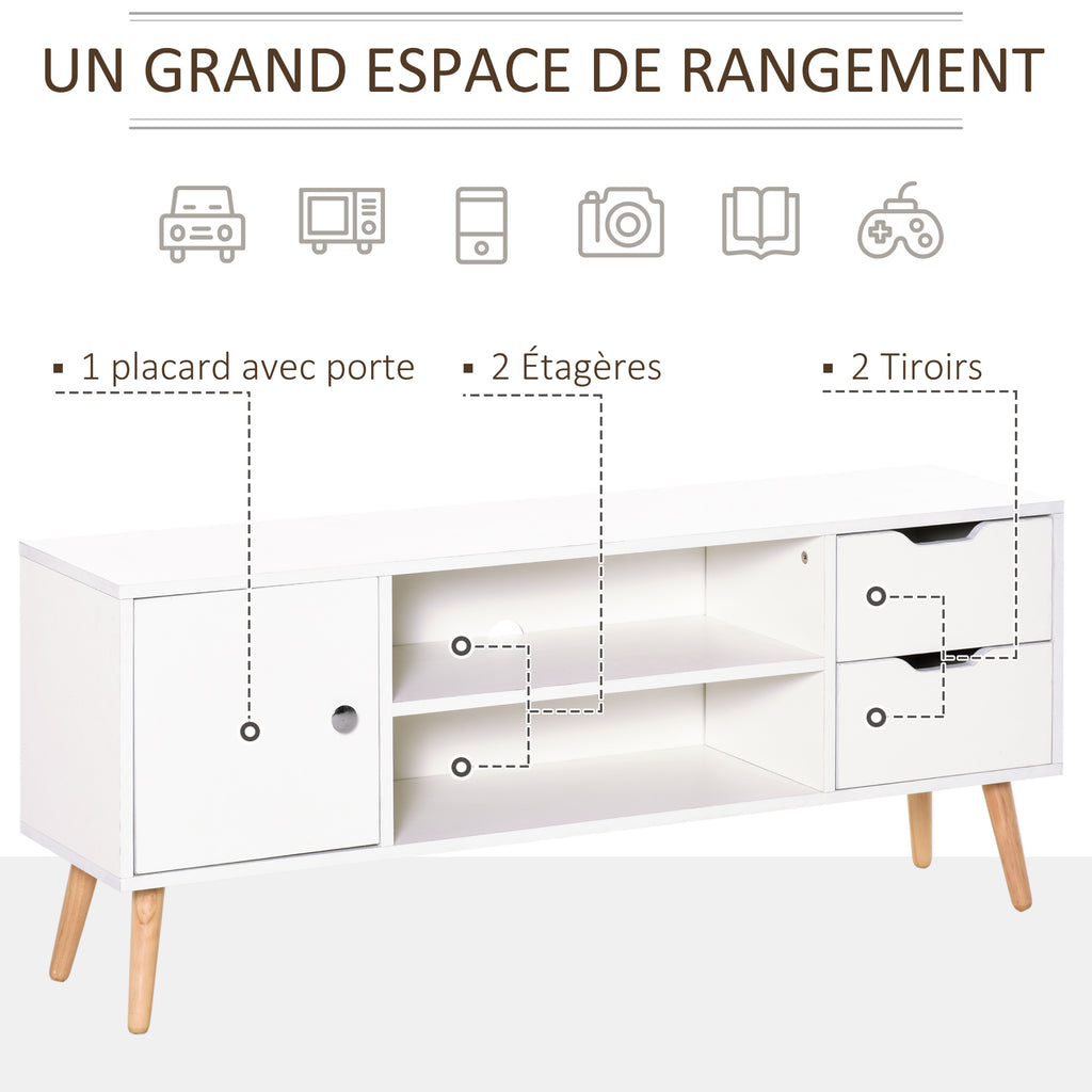 Meuble TV Banc TV Style scandinave Placard 2 niches 2 tiroirs Passe-Fils Panneaux Particules Blanc Bois pin