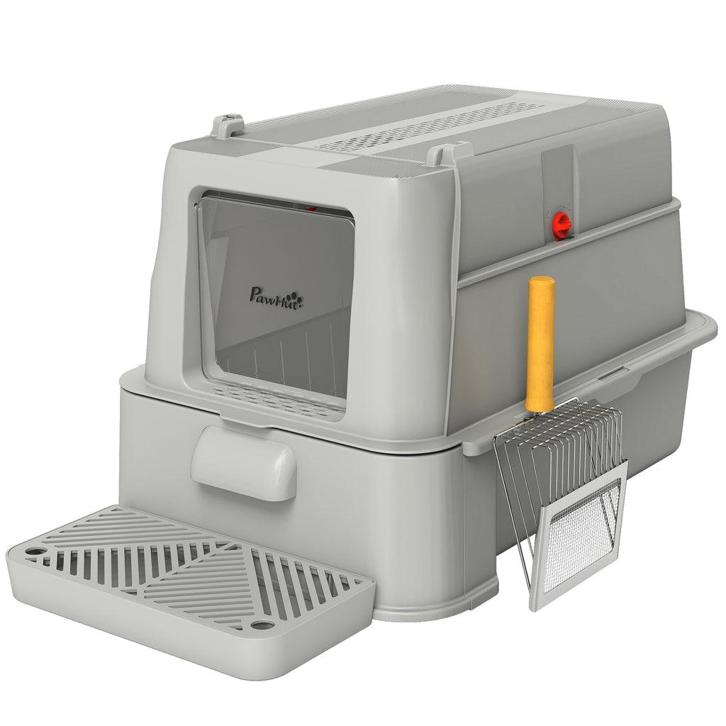 Bac à Litière pour Chat 80L en Inox avec Couvercle Rabattable à 180°, Tiroir Coulissant, Pelle, 63x43x43cm, Gris Clair