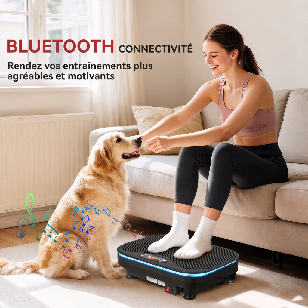 Plateforme Vibrante avec Lumières, Bluetooth, 3 Programmes, 99 Vitesses, Télécommande, Écran LED, 47x32x12cm, Noir