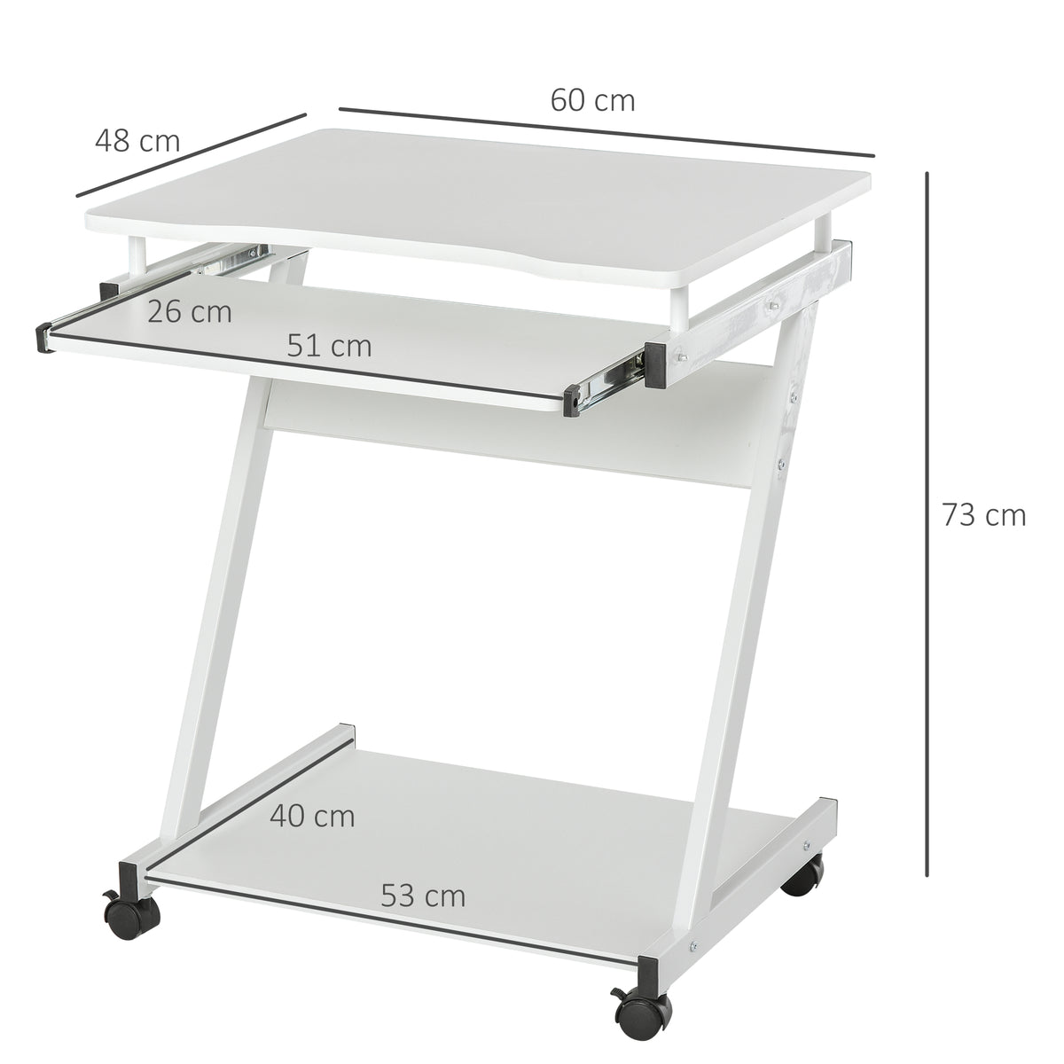 Bureau Informatique Roulant - Bureau Mobile - Table d'ordinateur - Tablette coulissante Clavier + étagère - Blanc