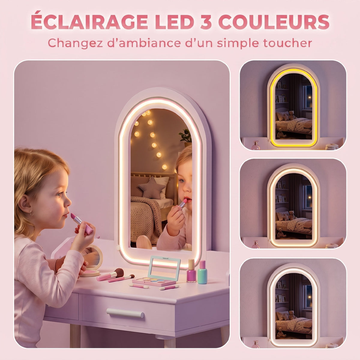 Coiffeuse Enfant en Bois avec Miroir LED 3 Couleurs, Tabouret, Tiroir et Plateau Spacieux, 60x36x100cm, 3 à 8 Ans, Rose