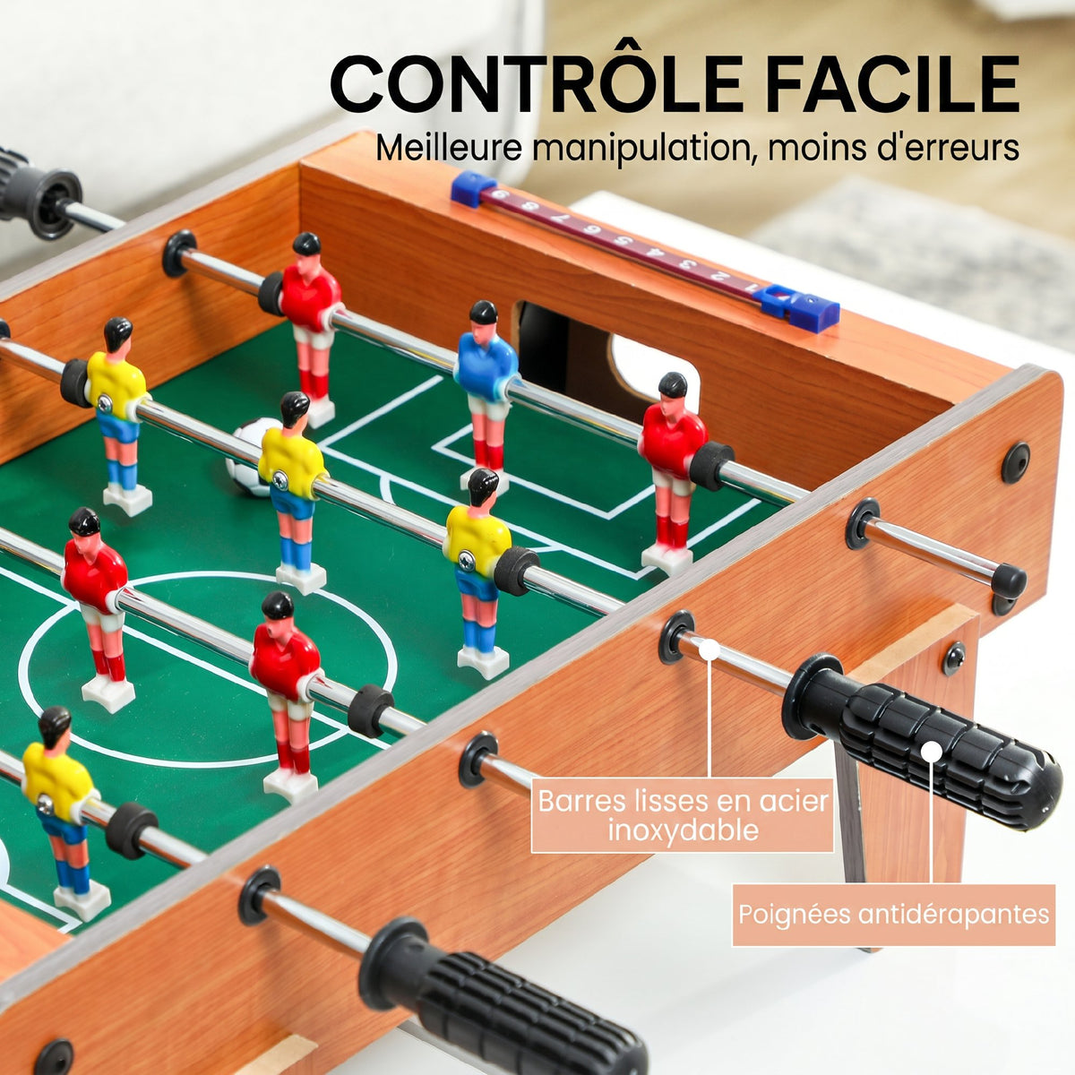 Mini Babyfoot Jeu de Table Baby-Foot Panneaux de Score et 2 Balles 50,6x50,5x18cm Finition Bois Naturel