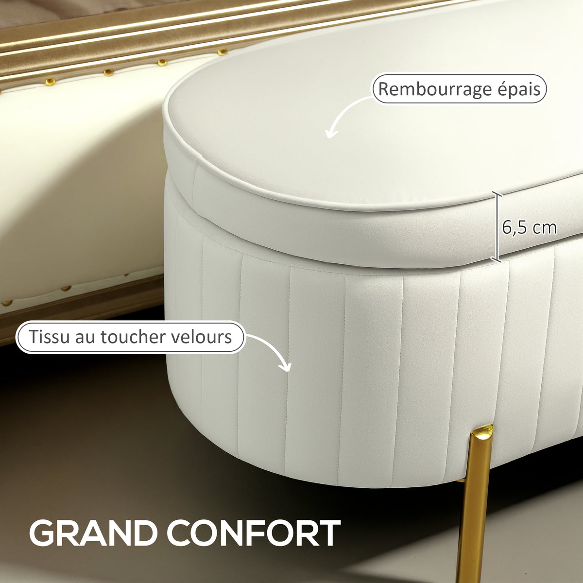 Banc de rangement, bout de lit en velours avec couvercle, pieds en métal, capacité 72 L, 108x44x43,5cm, crème