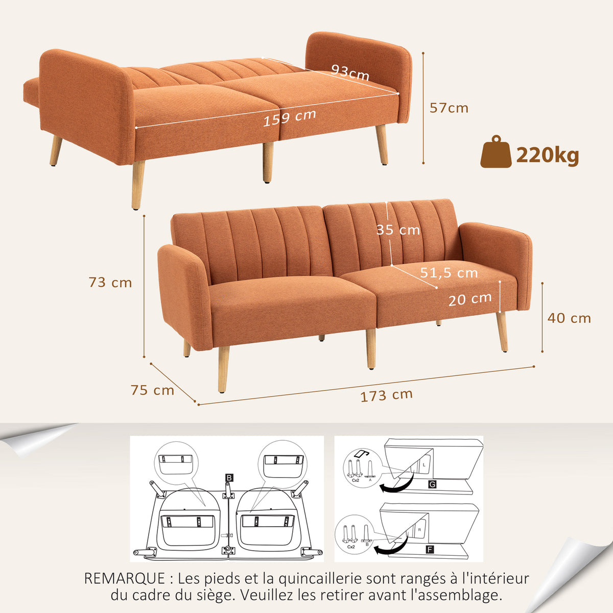 Canapé Convertible 2 Places Design scandinave Dossier inclinable 3 Positions Pieds Bois Tissu Aspect Lin marron