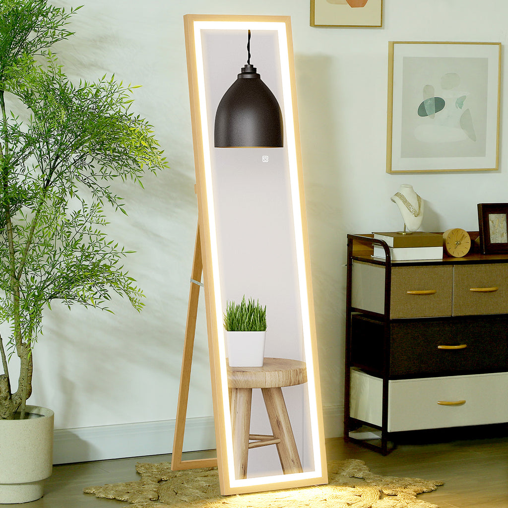 Grand miroir pleine longueur, miroir mural ou sur pied rectangulaire, 40 x 160 cm avec éclairage LED 3 couleurs, chêne
