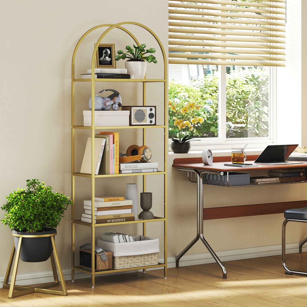 Bibliothèque étagère de rangement en verre à 5 niveaux arqué pour salon, bureau, chambre, 60 x 30 x 175 cm, doré