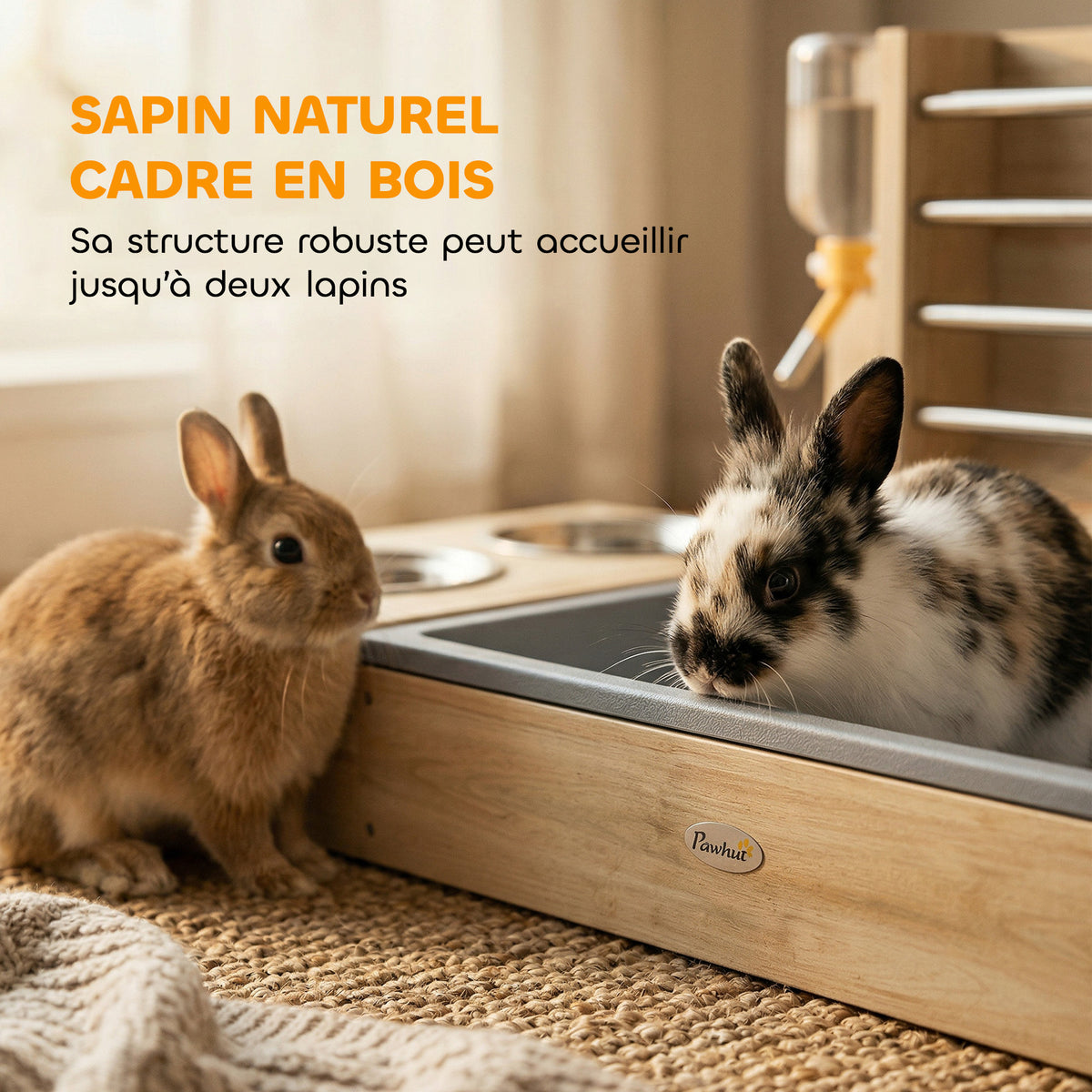 Râtelier à Foin en Bois pour Lapin Mangeoire Lapin 3 en 1 avec Bac à Litière et Bouteille d'Eau 58x40x32cm Bois Naturel