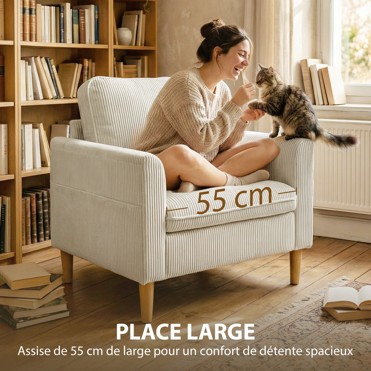 Fauteuil de salon en velours côtelé, canapé 1 place rembourré avec assise large et coussin à ressorts, 83x74x87cm, beige