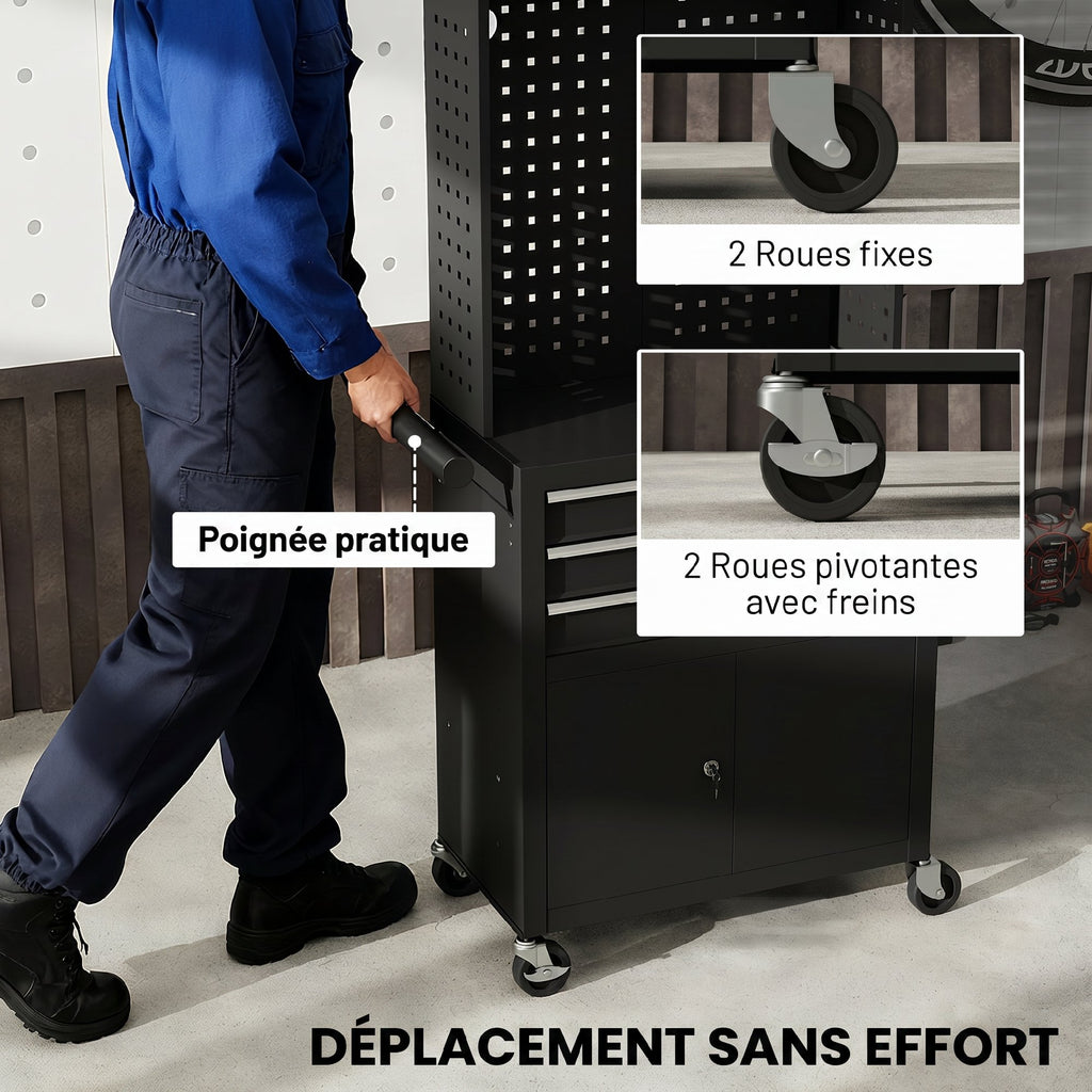 Servante d'atelier en acier à 3 tiroirs, chariot à outils sur roulettes, étagère réglable, panneau perforé, noir