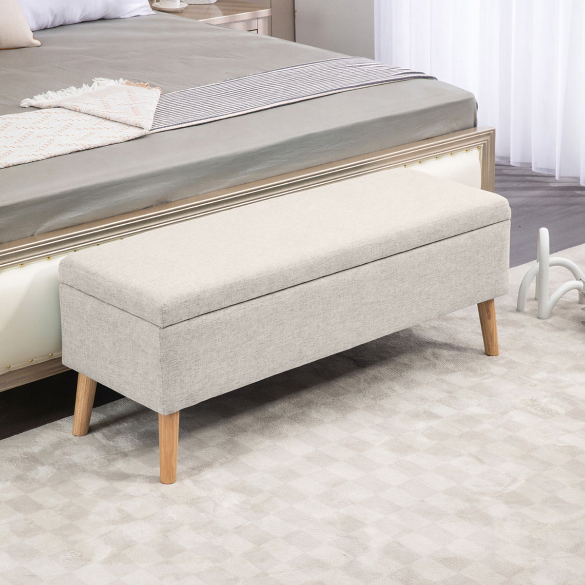 Banc coffre rangement rembourré aspect lin pour chambre à coucher, entrée, salon, charge 220 Kg, 110 x 39 x 45 cm, beige