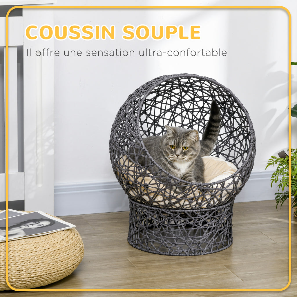 Panier chat lit surélevé chat cosy niche grotte 50 x 50 x 60 cm coussin moelleux crème inclus, corde en polyester violet
