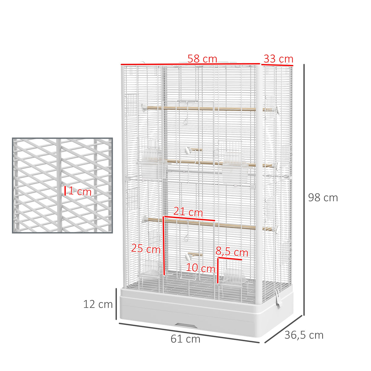 Cage à oiseaux volière avec portes perchoirs cage pour canaris perruches perroquets 61 x 36,5 x 98 cm blanc
