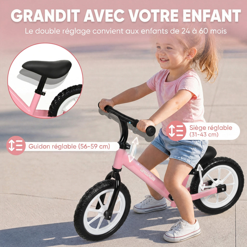 Draisienne Enfant 2-5 Ans, Roues Lumineuses, Siège Guidon Réglables, Pneus EVA Silencieux, Charge 50kg, 84x40x57cm, Rose