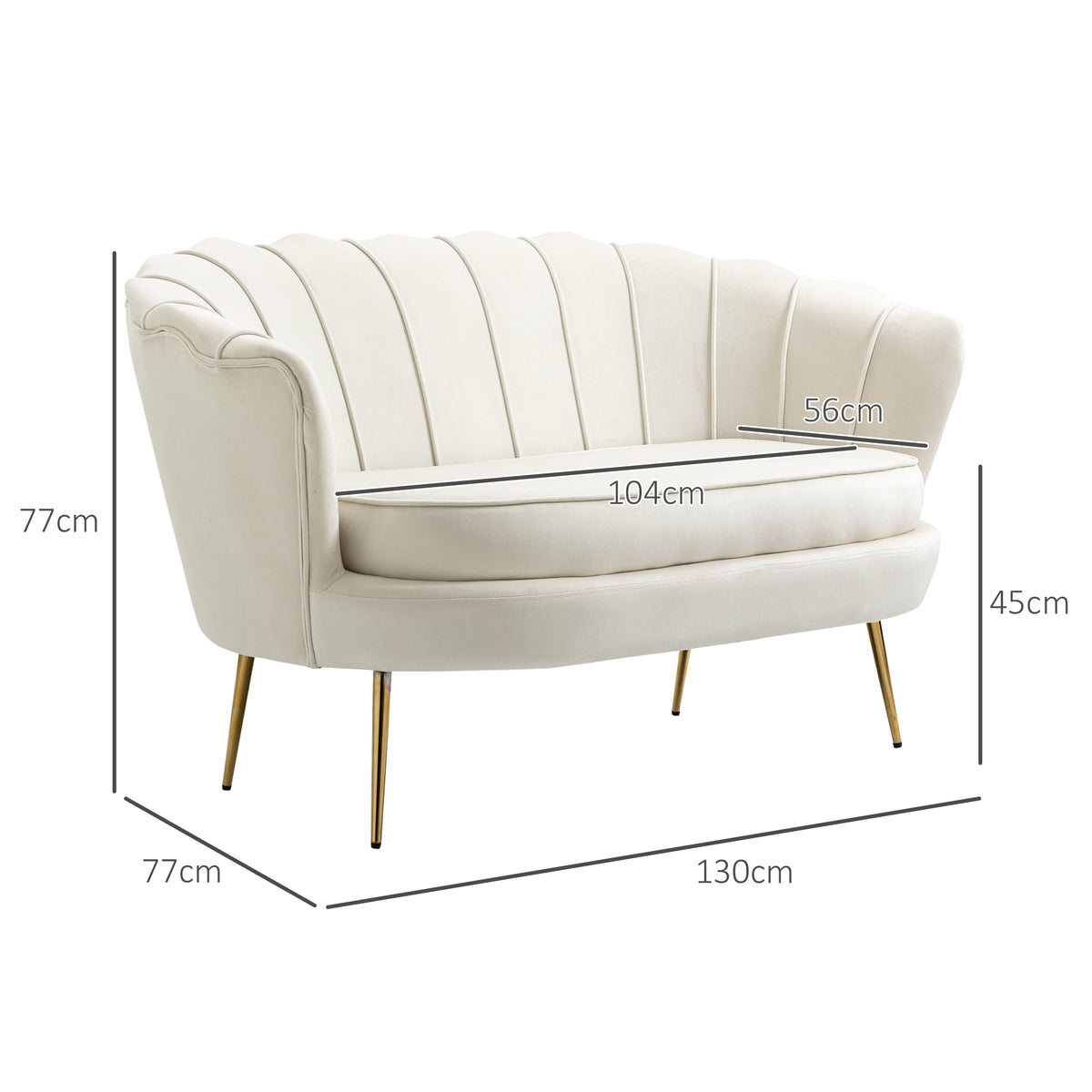 Canapé 2 places en tissu velours, petit canapé, en forme de coquillage, avec coussin épais de 10 cm, crème