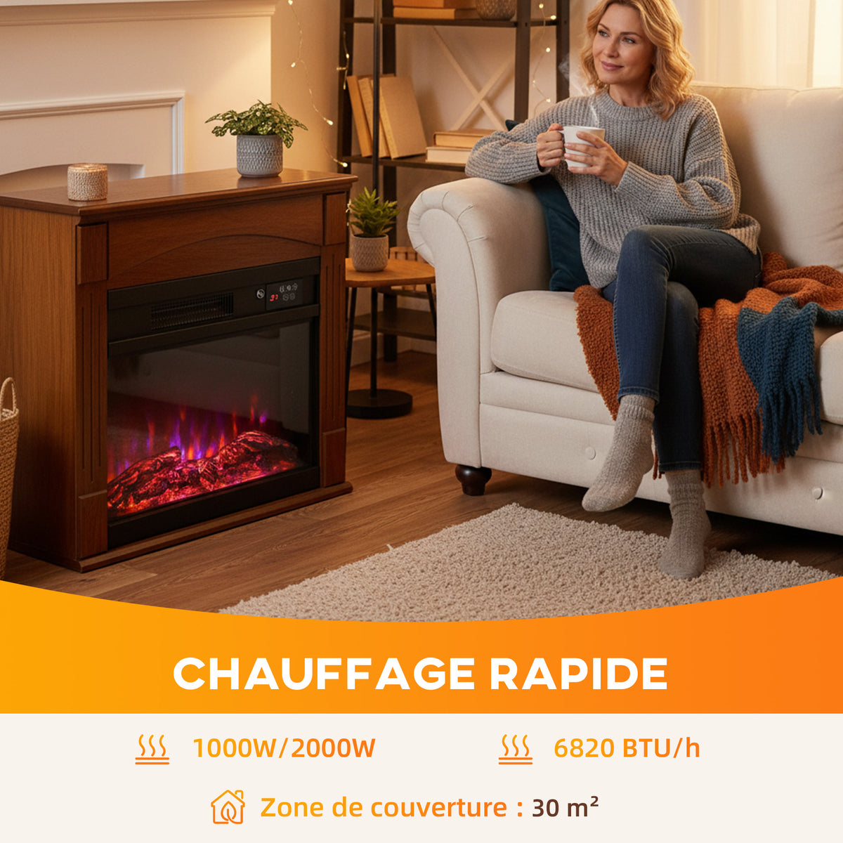 Cheminée électrique 1000W/2000W, fausse cheminée effet flamme 3D à 6 couleurs et 3 luminosités, 68,5x27,5x63cm, marron