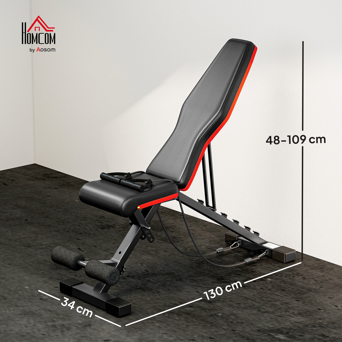 Banc de musculation pliable dossier réglable 6 niveaux assise ajutable 4 niveaux coussin 130 x 34 x 109 cm noir et rouge