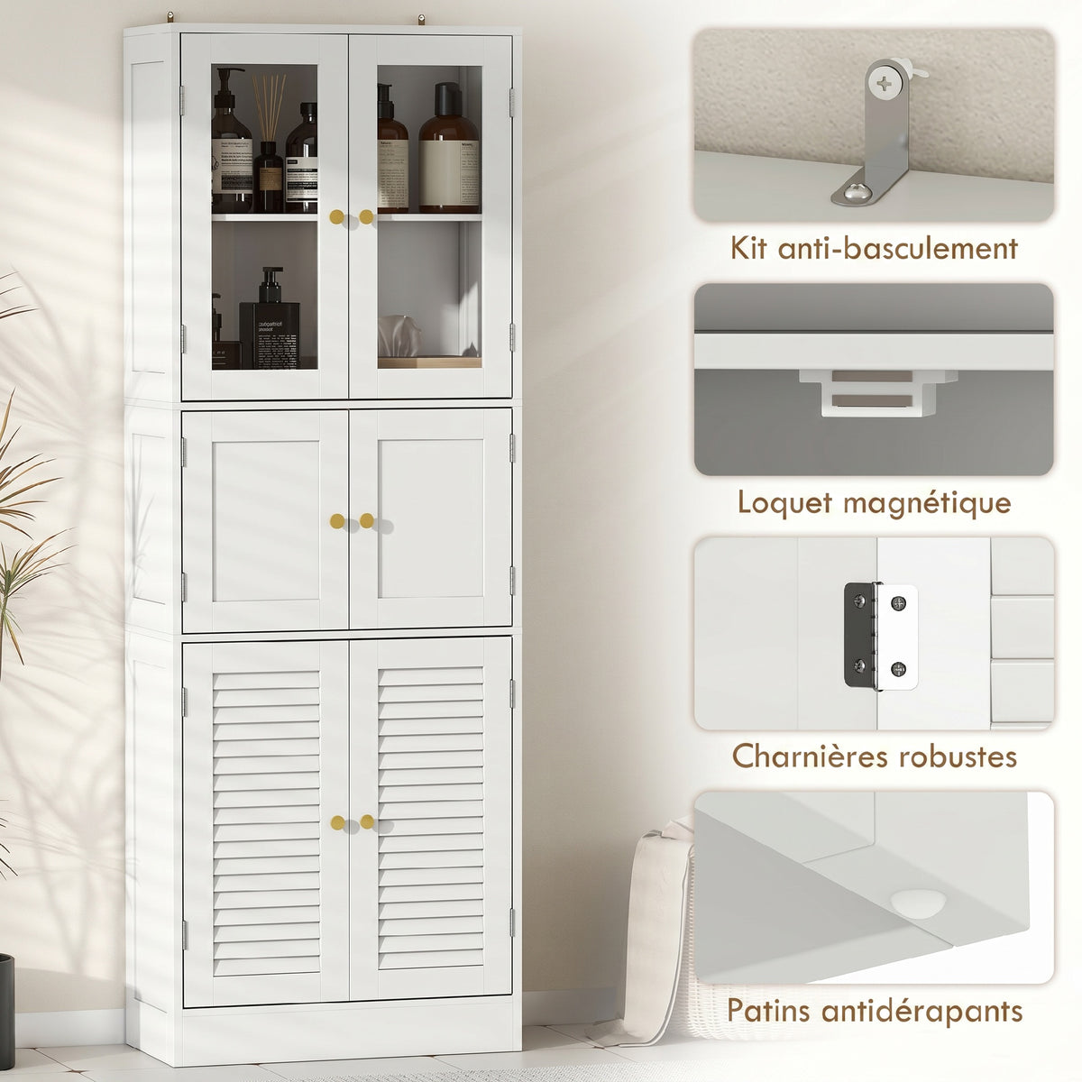 Meuble de salle de bain haut, meuble de rangement avec 6 portes dont 2 vitrées et 2 persiennes, étagère réglable, blanc