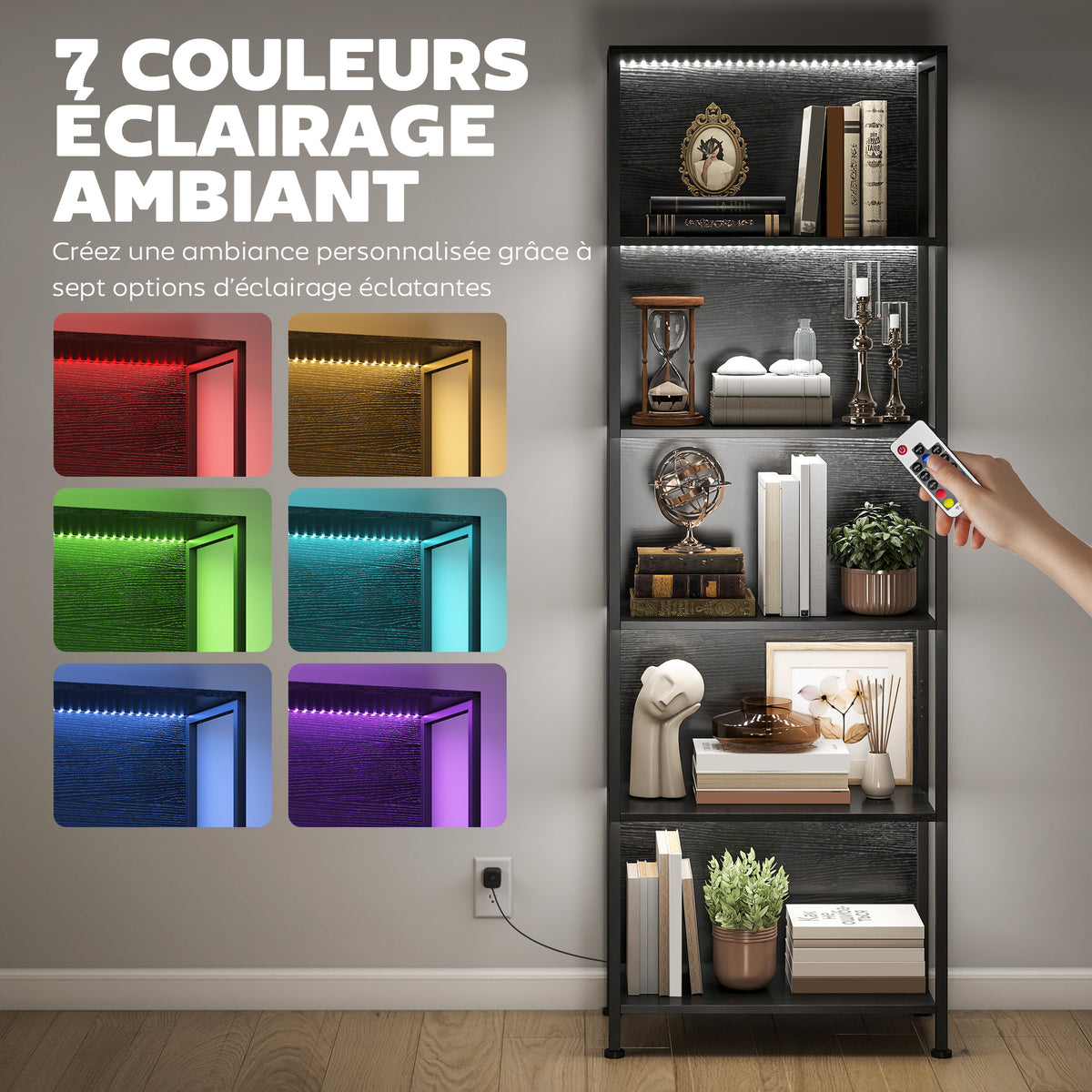 Bibliothèque étagère de rangement à 5 niveaux avec éclairage LED 7 couleurs, structure en acier, 60 x 30 x 179 cm, noir